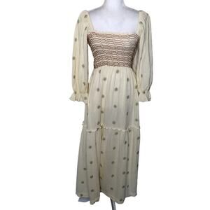 Boho Floral Embroidered Smocked Maxi Dress Gauze Fabric Milkmaid Dress Prairie M